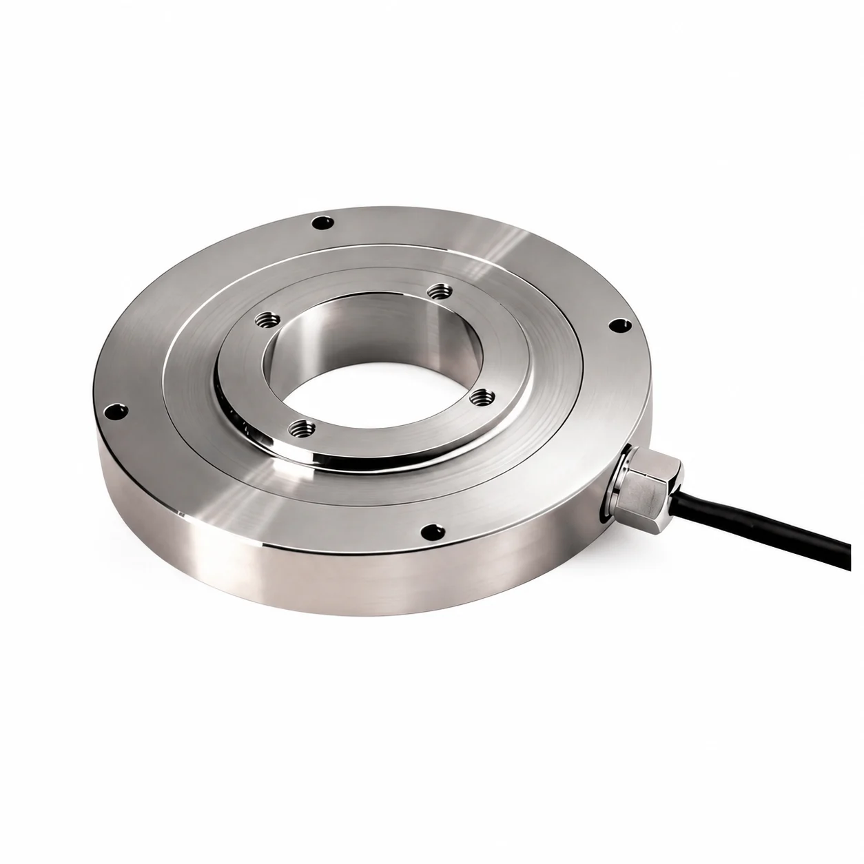 Low-profile annular load cell with a large smooth center bore and two rings of mounting holes