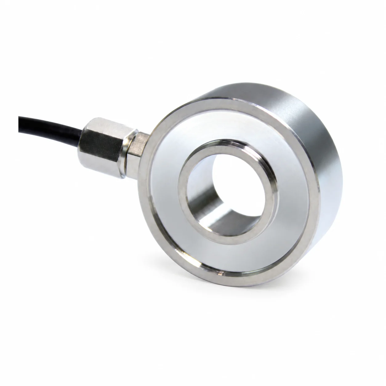 Upright silver donut load cell showing its smooth through bore and recessed annular front face