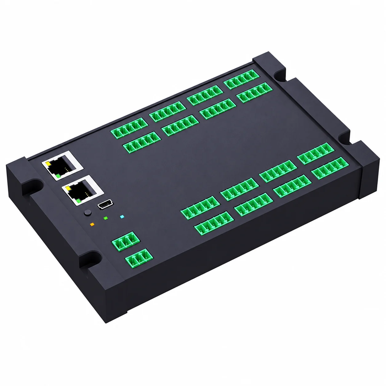 Flat black acquisition module with paired green sensor terminal blocks along both long edges and network ports