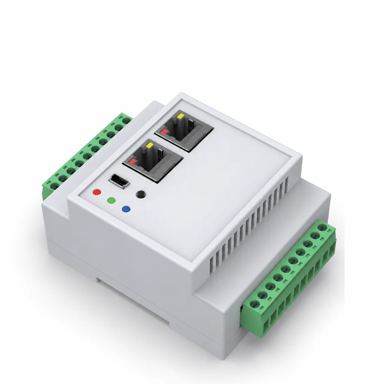 Gray DIN-rail bridge transmitter with two recessed network sockets, USB port and green terminal strips
