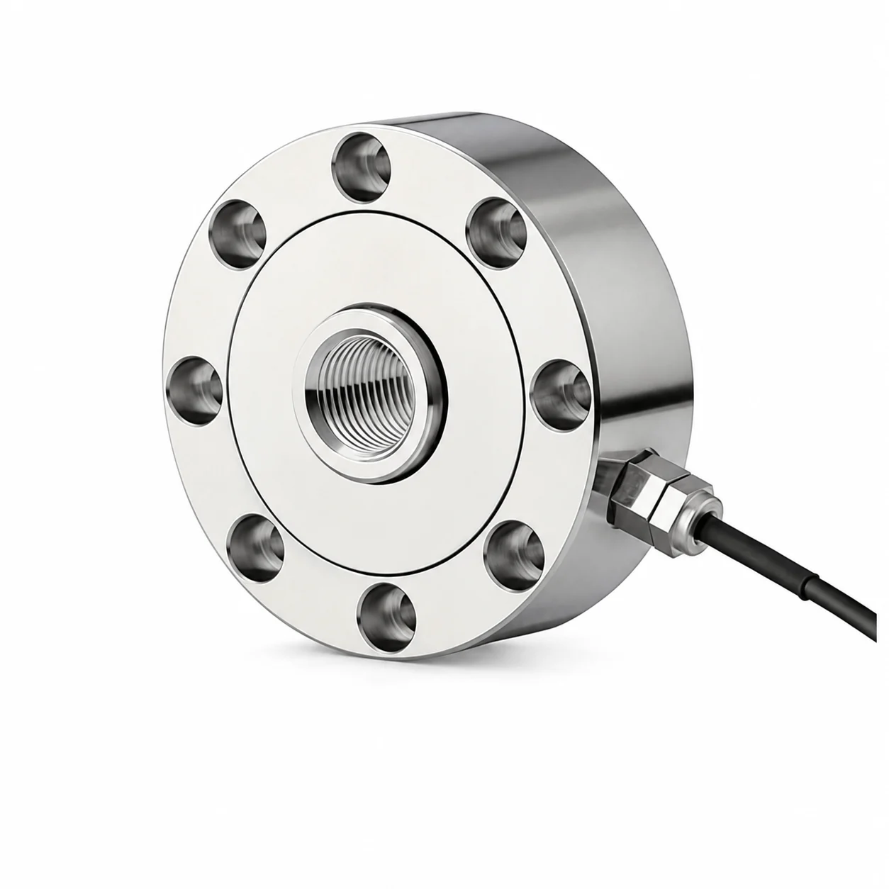 Internally threaded center-bore flange sensor with eight peripheral counterbores and a right cable