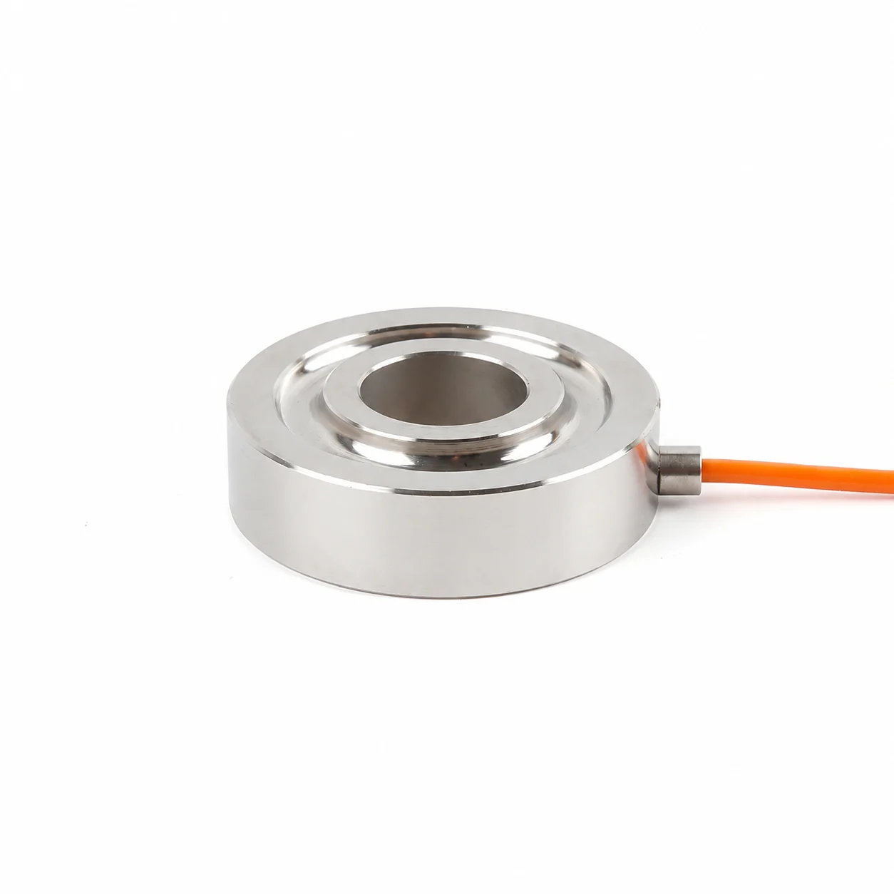 Polished bolt force washer with an open center bore and orange radial cable