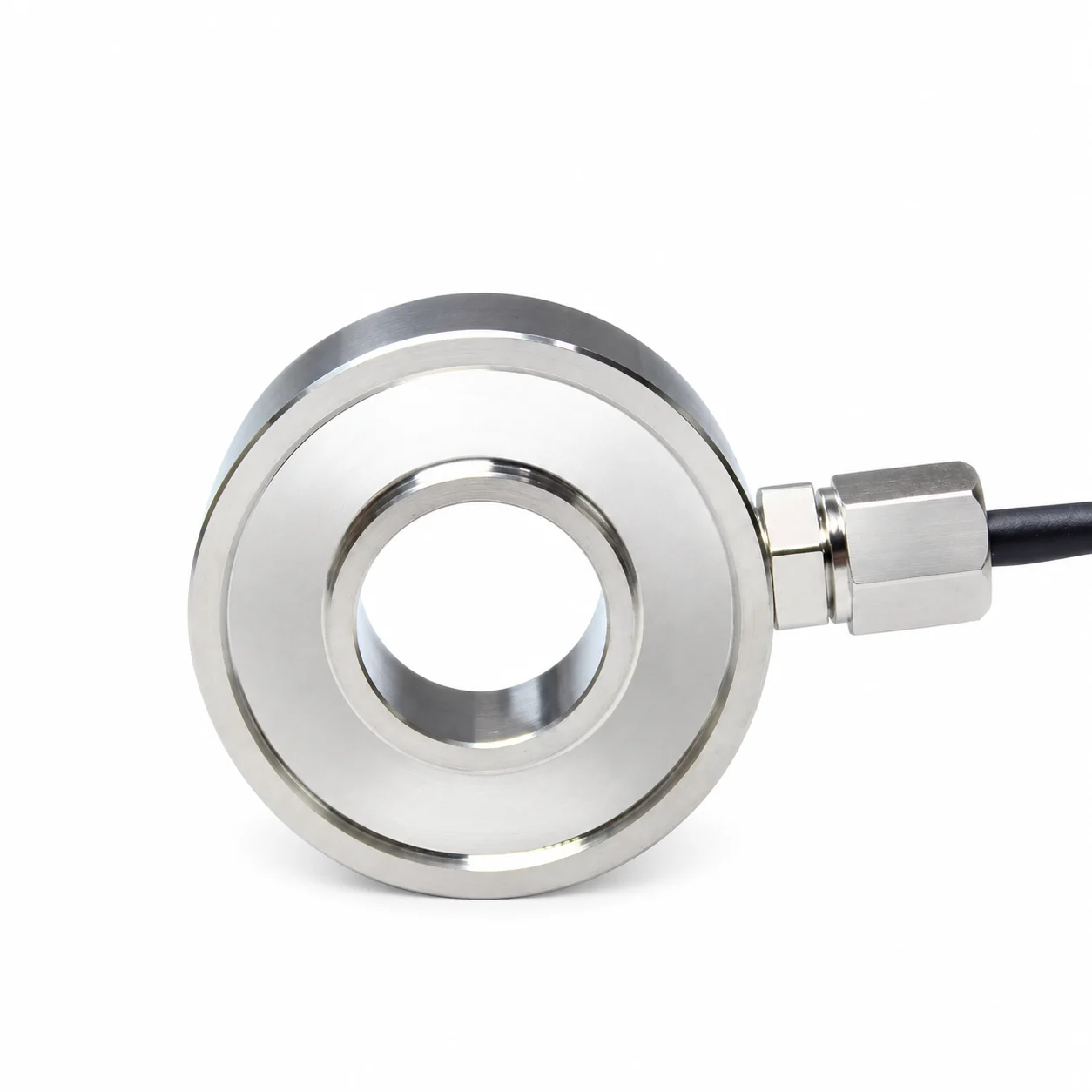 Upright force washer with a smooth open bore, recessed circular face and right hexagonal gland